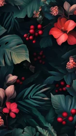 Tropical Botanical Study with Coral Florals and Berries.