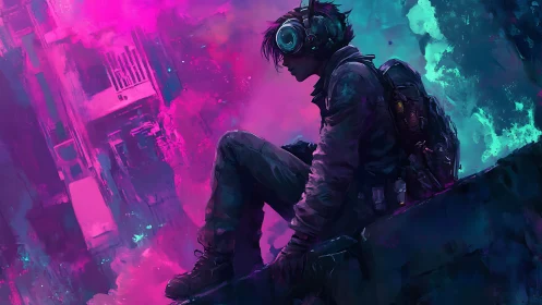 Cyberpunk drifter on neon skyline ledge in dynamic silhouette.