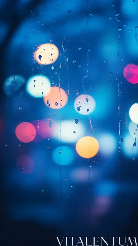 Raindrops on window with blurred multicolor city lights