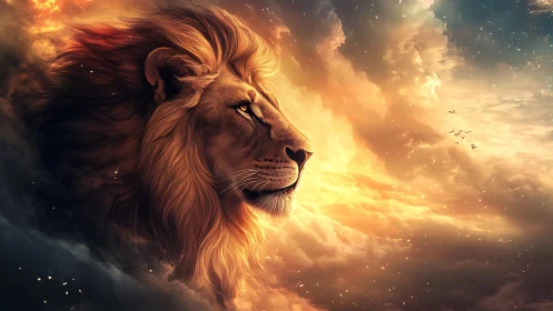 Majestic lion profile in celestial sunset cloudscape digital painting.