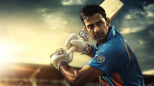 Cricketer prepares powerful batting stance under stadium lights.