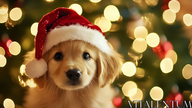 Golden retriever puppy in Santa hat with defocused bokeh lights
