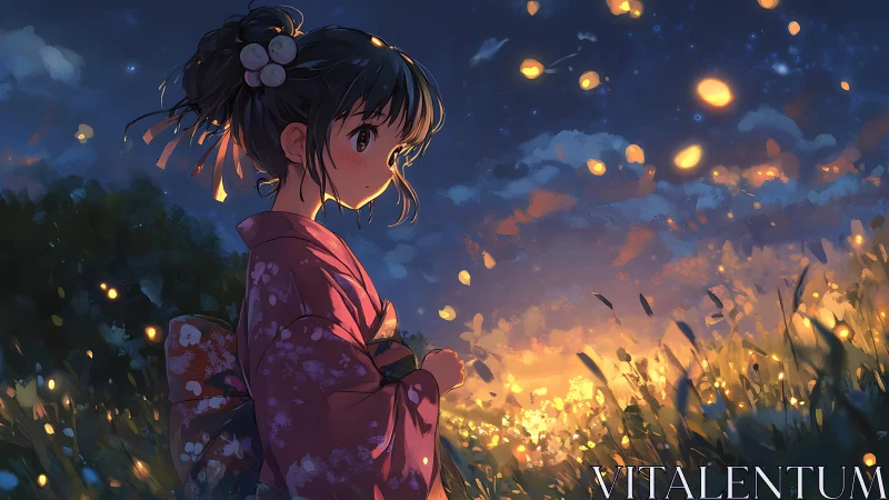 Summer dusk girl among lantern lights and drifting petals.