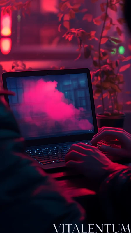 Neon laptop workspace glows in moody cyberpunk lighting.