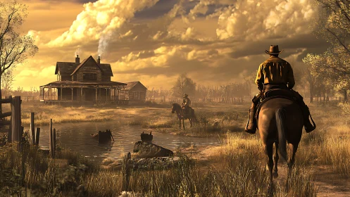 Golden hour cowboys returning home across quiet marshlands.