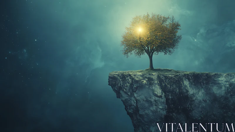 Lone cliffside tree quietly cradles a borrowed star-lantern