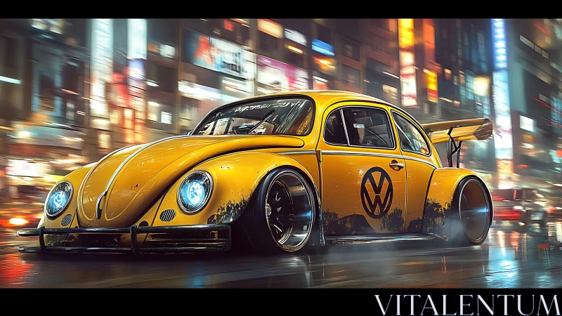 Retro yellow beetle races through neon city streets.
