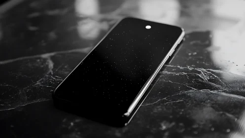 Midnight phone galaxy on a stormy marble tabletop mirror.