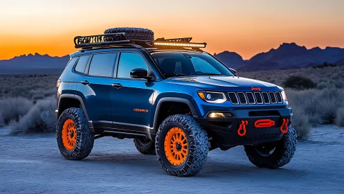 Lifted blue Jeep SUV with orange off road upgrades at dusk