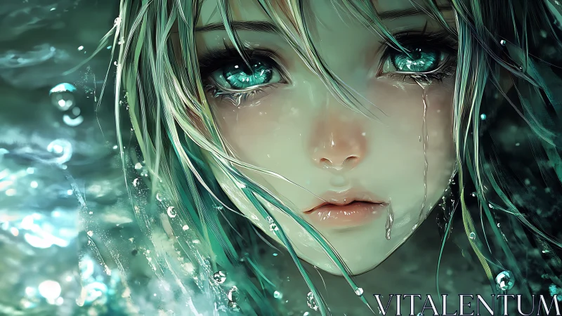 Close view shows stylized female face immersed in water