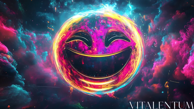 Neon plasma smiley nebula with glowing chromatic particle halo