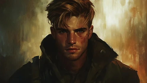 Battle-worn blond hero in moody painterly digital portrait.