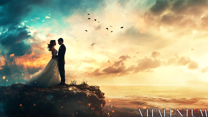 Bride and groom standing on coastal cliff at sunset horizon.