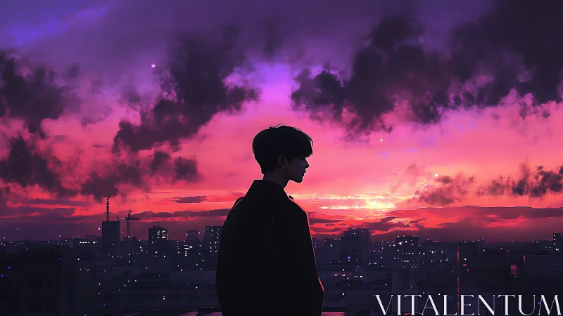 Silhouetted youth overlooks neon city under magenta sunset
