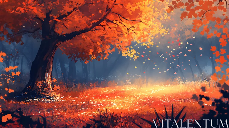 Luminous Autumn Forest with Glowing Leaves and Misty Atmosphere.