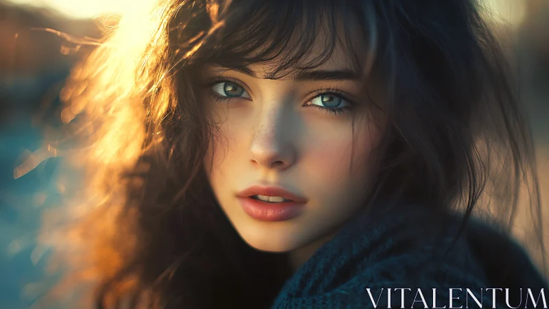 Shallow depth portrait, teal eyes in backlit golden hour bokeh