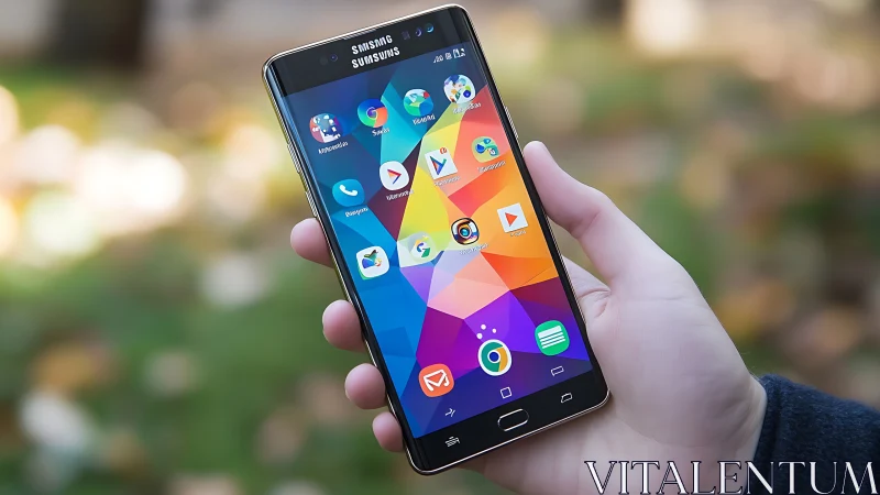 Samsung smartphone displaying colorful geometric app interface.