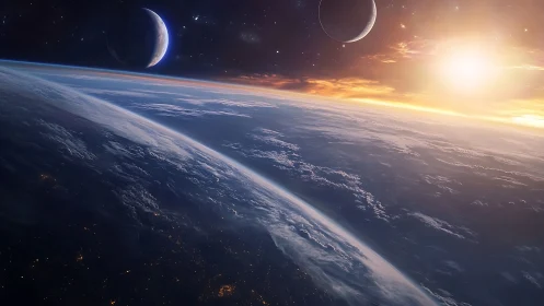 Orbital horizon with dual moons under stellar dawn lightfield.
