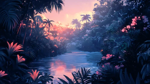 Luminous tropical river gorge with neon-infused foliage at dusk.