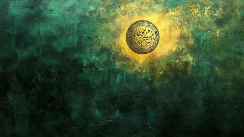 Golden Arabic medallion radiating over textured emerald field.