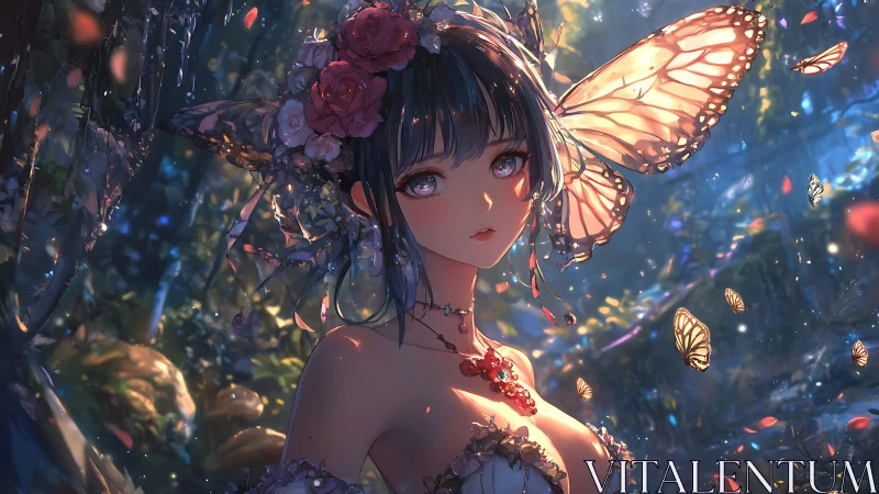 Butterfly-winged girl stands in glowing forest clearing