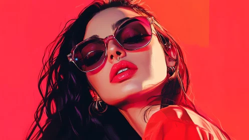 Chromatic portrait of stylized woman in reflective sunglasses.