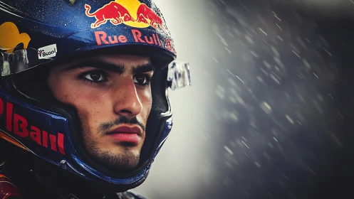Wet-weather racing portrait of focused helmeted driver.
