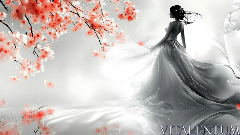 Silhouetted woman in flowing gown beneath chromatic blossoms.