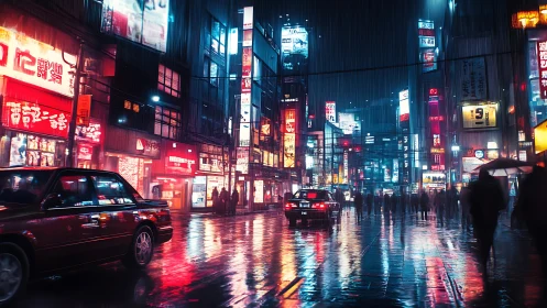Neon city street glows gently in the rain-soaked night