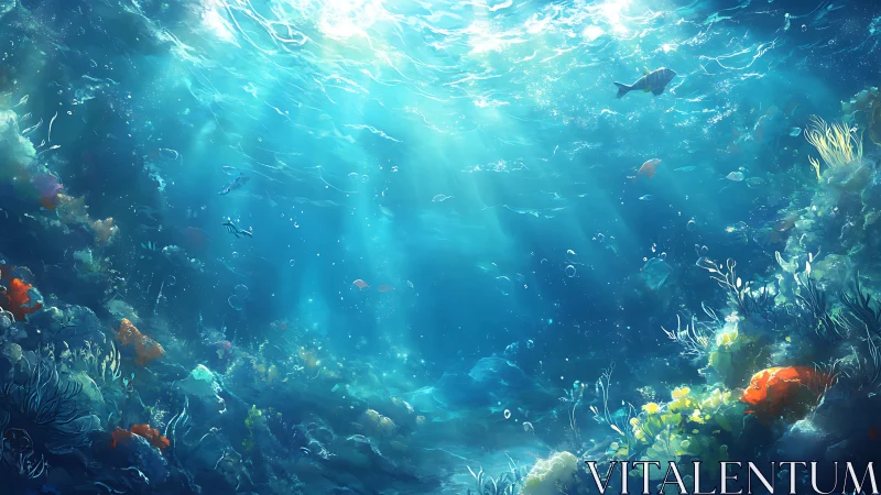 Sunlit underwater reef with luminous coral and drifting fish.