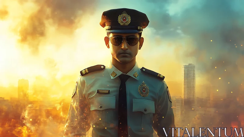 Stoic skyward officer amid burning neon city haze.