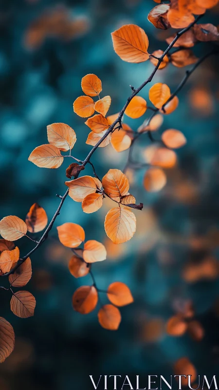 Autumn branch with orange leaves in teal bokeh background.