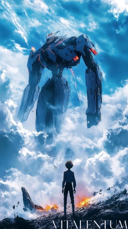 Young pilot faces towering battle mech above the clouds.