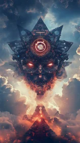 Colossal mechanoid deity with central gyroscopic eye over fiery steps