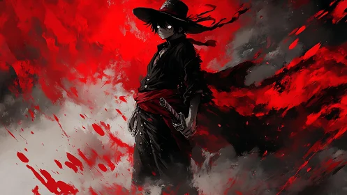 Dark swordsman in black coat against violent red storm.