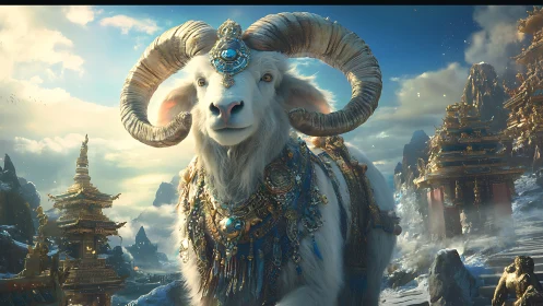 Majestic jeweled ram strides through mystical mountain temples.