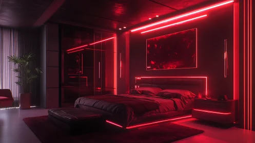 Modern bedroom interior with red neon accent lighting at night.