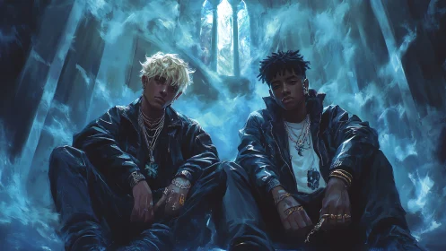 Two urban youths sit in luminous cathedral ruin