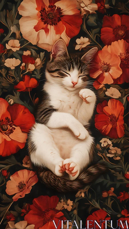 Black and White Cat Resting Among Red Floral Arrangements