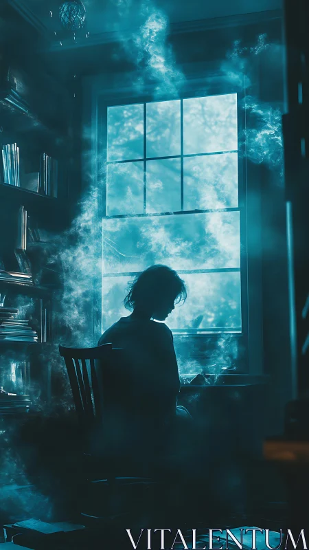 Backlit reader silhouette in teal atmospheric study room.