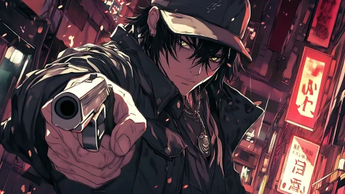 Street gunman framed in neon-lit anime city alleyway.