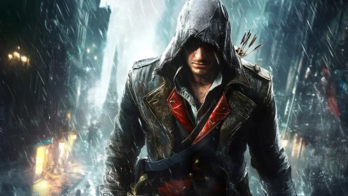 Hooded armed figure walks through rain in neon lit city street