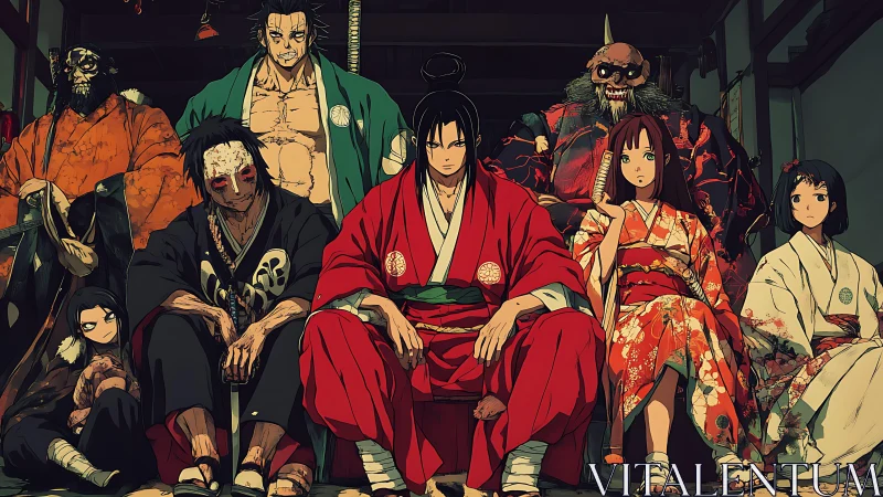 Samurai ensemble in symmetrical seated group portrait composition.