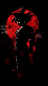 Silhouetted warrior cuts through a bleeding red eclipse sky