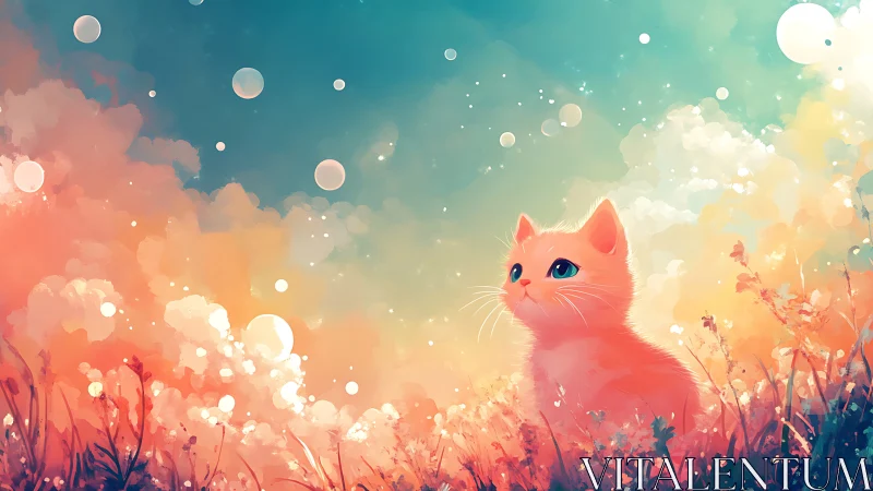 Pink Cat in Flower Field with Pastel Sky.