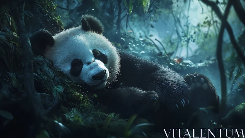 Sleeping panda resting on mossy forest floor at dusk.