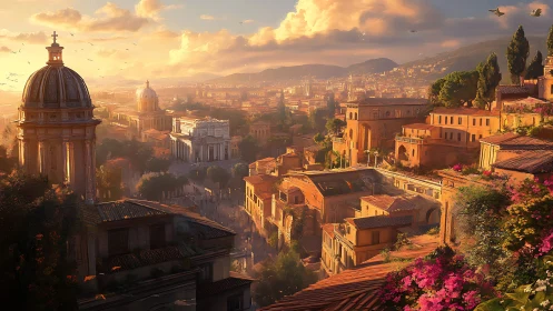 Sunlit classical cityscape with domes and terraced villas.