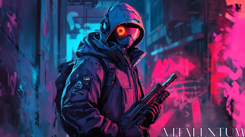 Cyberpunk gunner in neon alley with glowing visor stare.