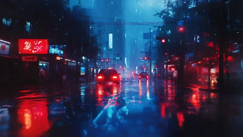 Neon city street glows through heavy midnight rainstorm