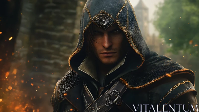 Hooded medieval rogue in leather armor before stone keep.